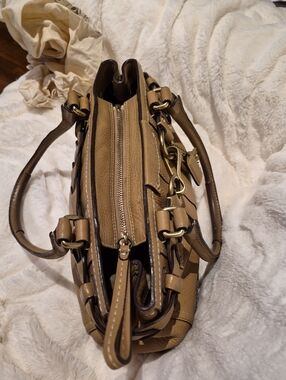 Classic Tan Satchel Handbag with Gold Hardware